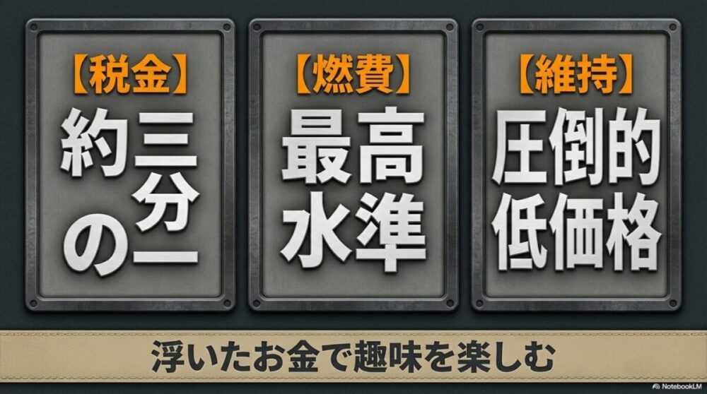 税金・燃費・維持費が最高水準で、普通車に比べ圧倒的な実利があることを示す図解。