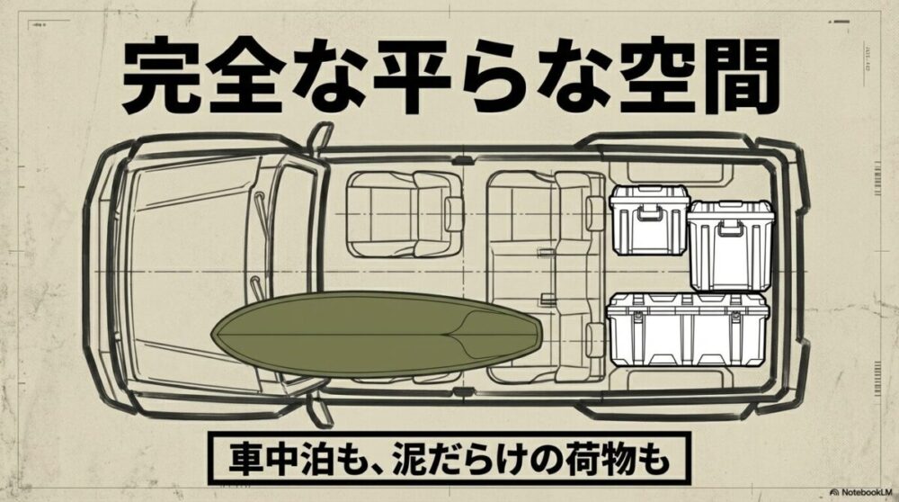 フルコンフラットな空間で車中泊や泥だらけの荷物も積載可能なハスラーのユーティリティ。