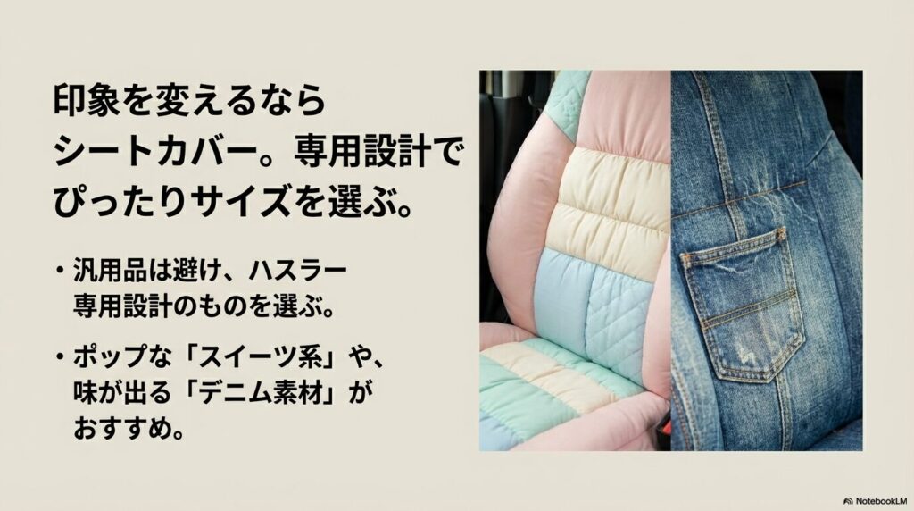 パッチワーク風のポップなシートカバーと、使い込まれた風合いのデニム素材シートカバー