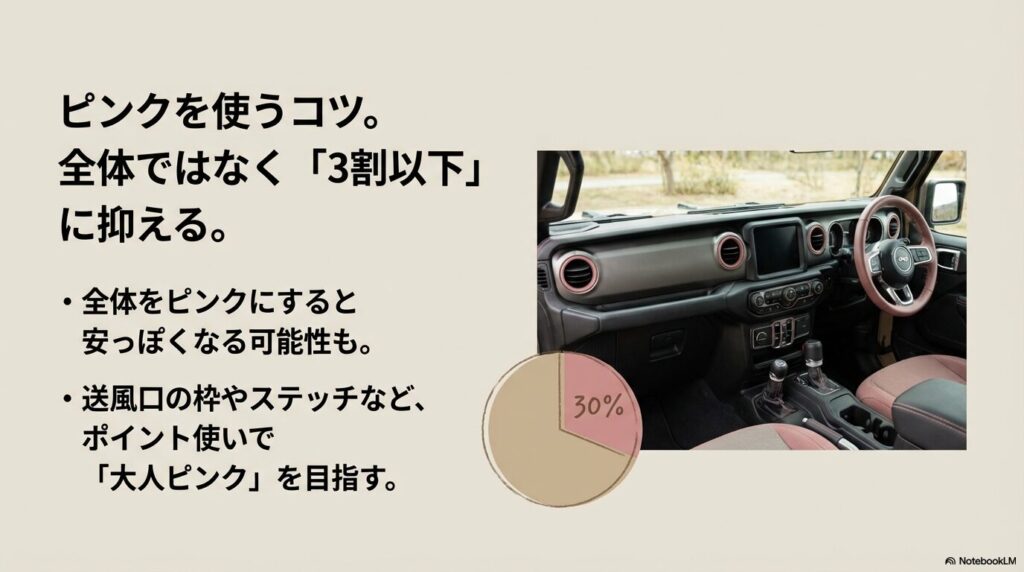 内装のピンクを3割以下に抑え、ポイント使いで大人ピンクに仕上げるコツの解説図