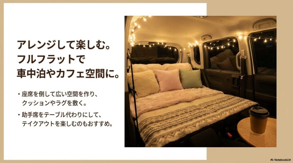 座席を倒してクッションやラグを敷き、照明を灯した幻想的な車中泊カフェの様子