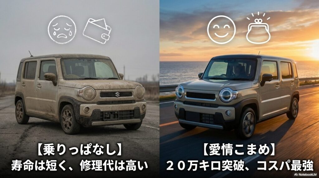 乗りっぱなしだと寿命が短く修理代が高くなるが、愛情を込めてメンテナンスすれば20万キロ突破できコスパが最強になることを示す比較図。
