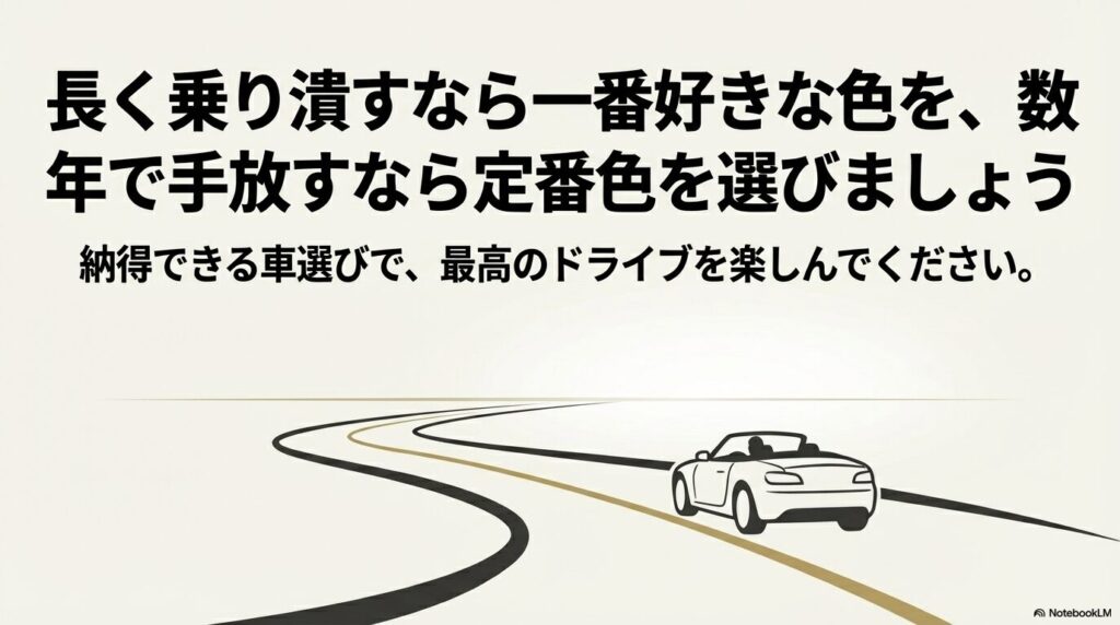 長く乗り潰すなら一番好きな色を、数年で手放すなら定番色を選びましょう」という結論が書かれたスライド画像