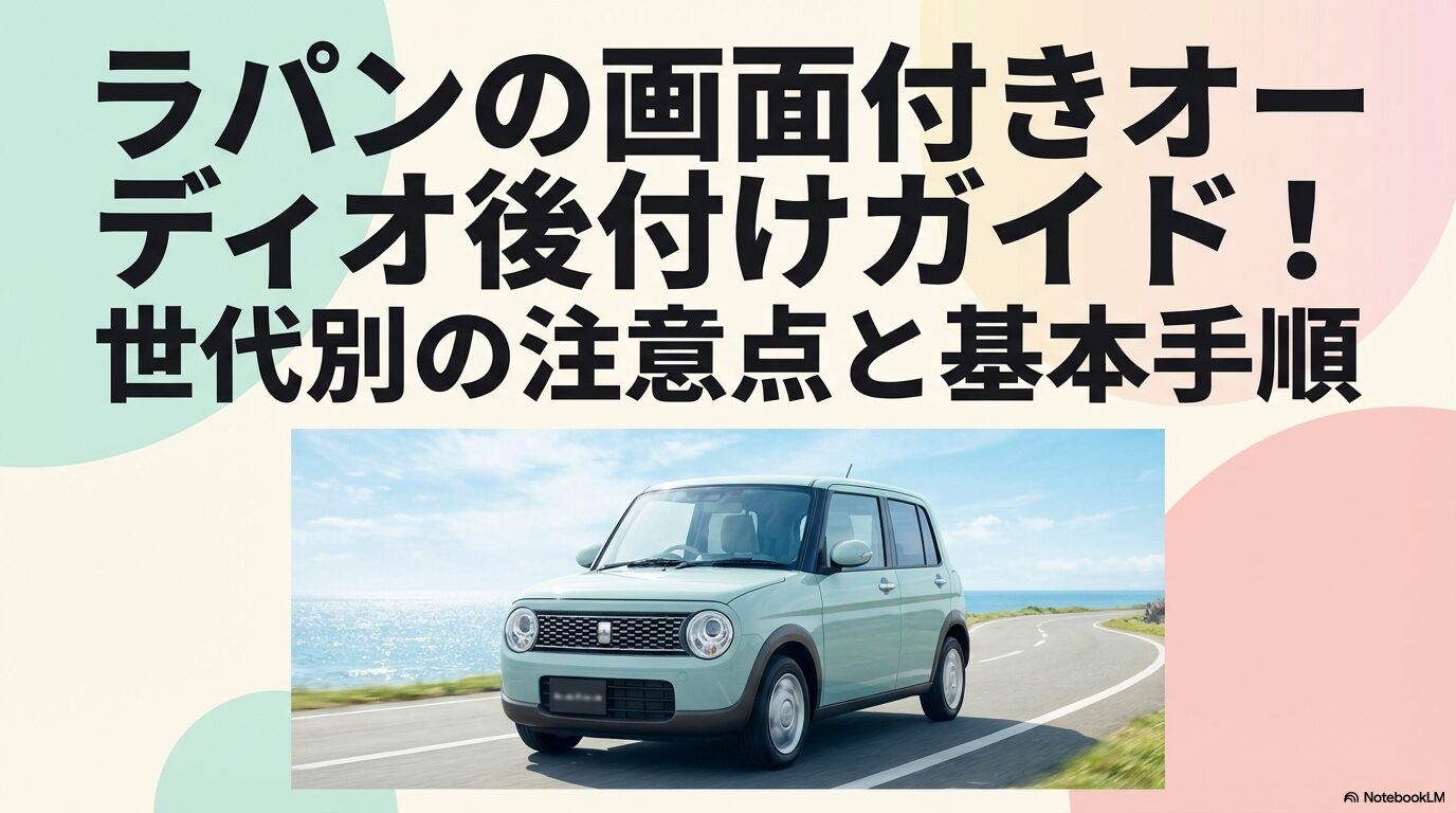 ラパンの画面付きオーディオ後付けガイド、世代別の注意点と基本手順の表紙スライド
