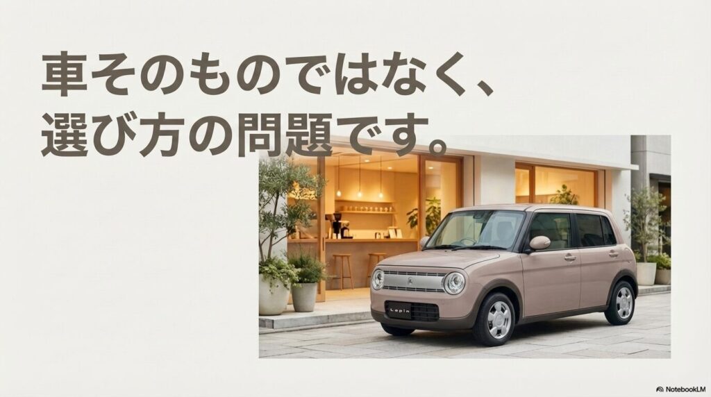 カフェの前に停まるピンクベージュのラパン。「車そのものではなく、選び方の問題です」というメッセージが書かれた画像。