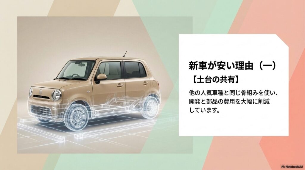 他の人気車種（アルト等）と同じ骨組みを使い、開発と部品費用を大幅に削減している仕組みの解説