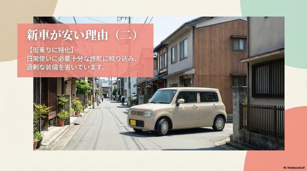 日常使いに必要な性能に絞り込み、過剰な装備を省くことで価格を抑えていることを示すスライド