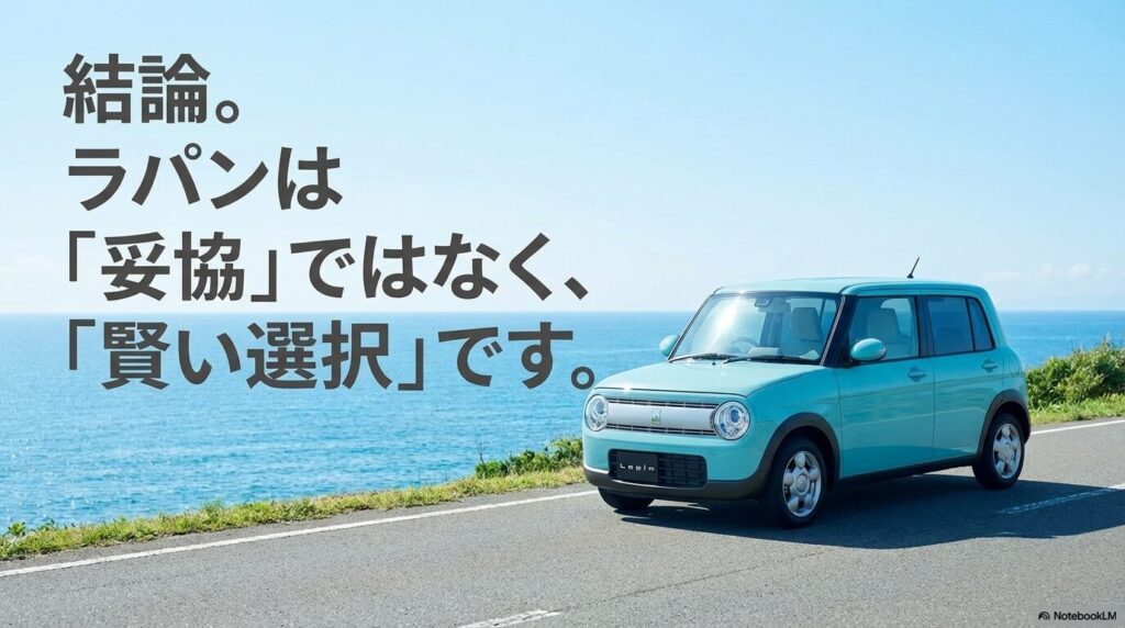 結論として、ラパンを選ぶことは妥協ではなく賢い選択であることを伝えるメッセージ画像