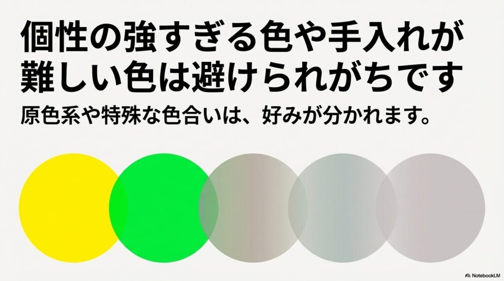 「個性の強すぎる色や手入れが難しい色は避けられがちです」という文字と、原色系や特殊な色の注意点についての解説図