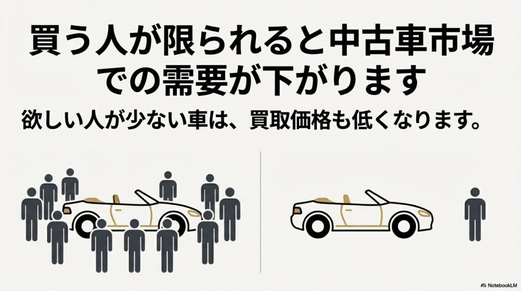 白い車に多くの人が集まっている図と、一台の車に人がいない図を比較し、需要が買取価格に与える影響を示したイラスト