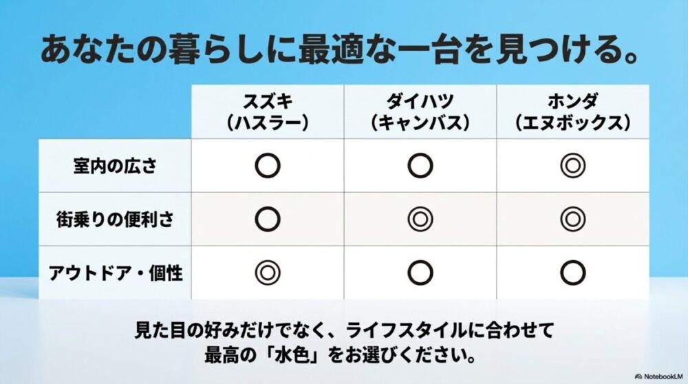 スズキ、ダイハツ、ホンダの水色モデルを「室内の広さ」「街乗りの便利さ」「アウトドア・個性」で比較したライフスタイル別選び方の表。