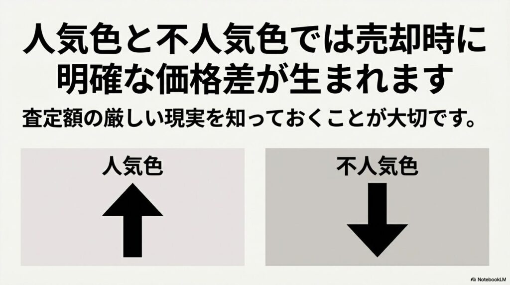 向きの矢印（人気色）と下向きの矢印（不人気色）で、売却時の査定額に明確な差が出ることを示した図