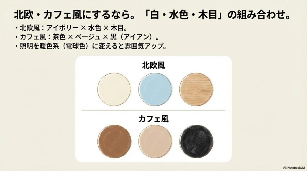 北欧風（アイボリー×水色）とカフェ風（茶色×ベージュ）の具体的な配色イメージ