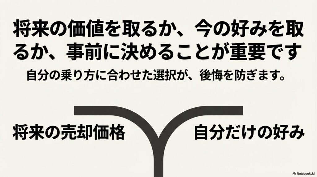 将来の売却価格」と「自分だけの好み」のどちらを優先するか、事前に決める重要性を説いたイラスト
