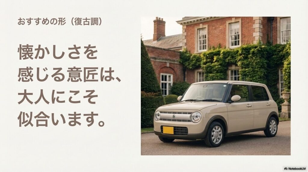 クラシックなレンガ造りの建物の前に停まるベージュのラパン。懐かしさを感じる意匠が大人に似合うことを説明する画像。