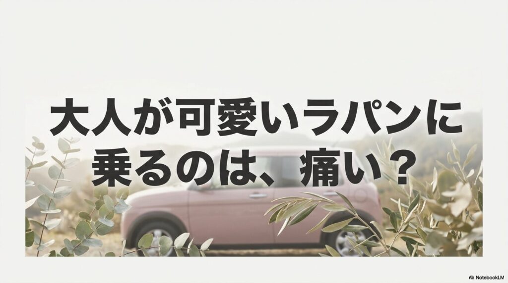 「大人が可愛いラパンに乗るのは、痛い?」という文字が中央に配置された、読者の悩みに寄り添うスライド画像。