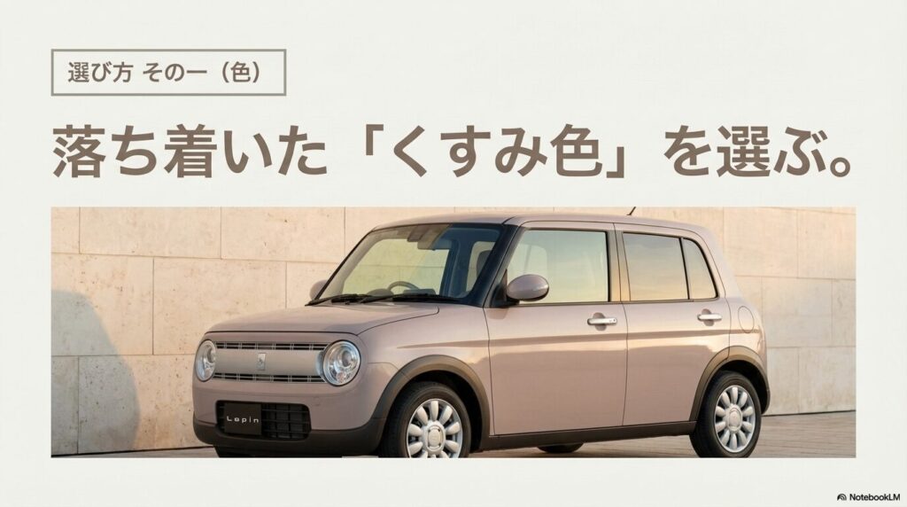 落ち着いたくすみ色(スモーキーカラー)のラパン。「落ち着いたくすみ色を選ぶ」というカラー選びの鉄則を示す画像。
