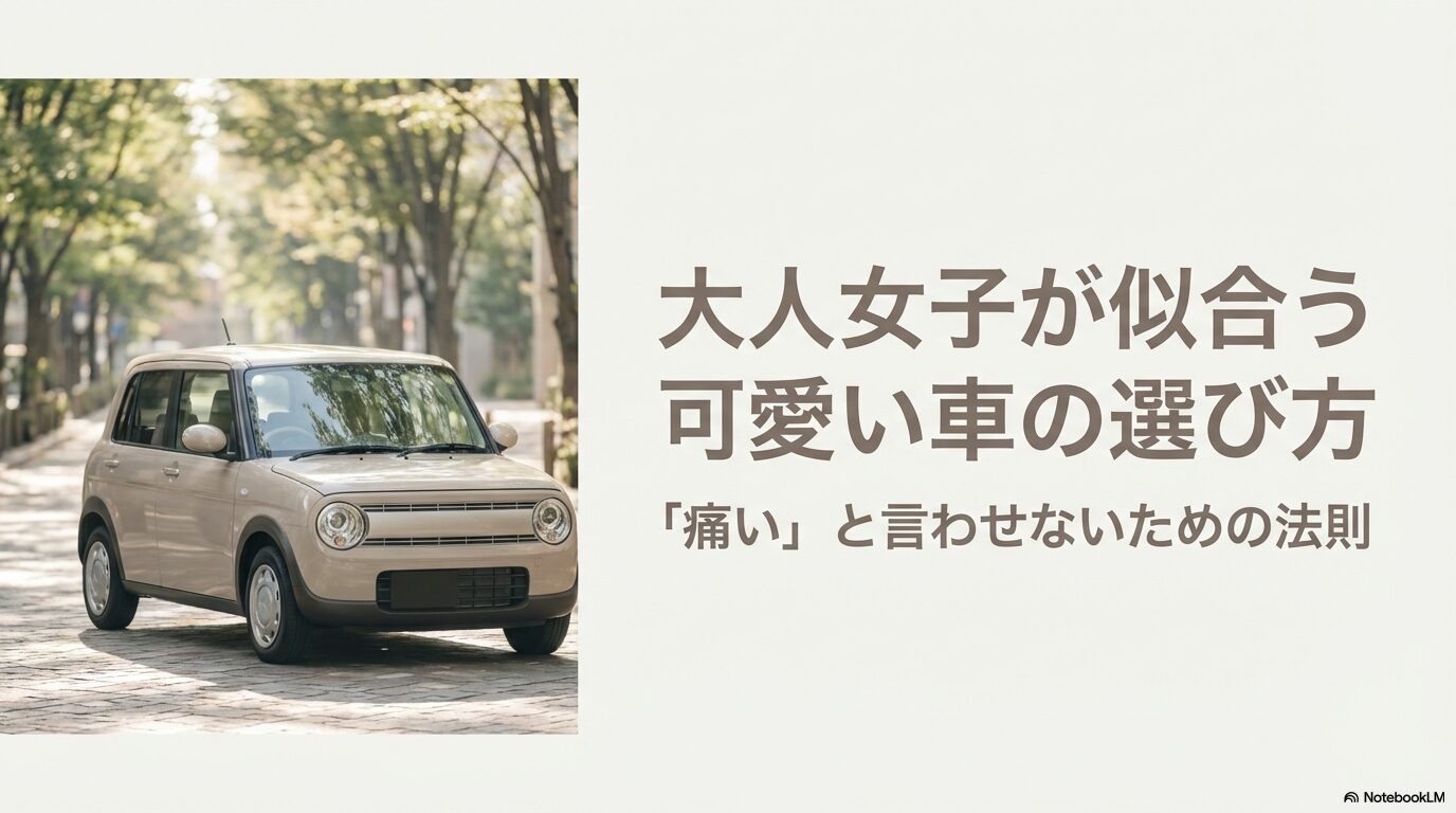 スズキ・ラパンのベージュカラーが並木道に停車している、大人女子に似合う車の選び方を解説する表紙画像。