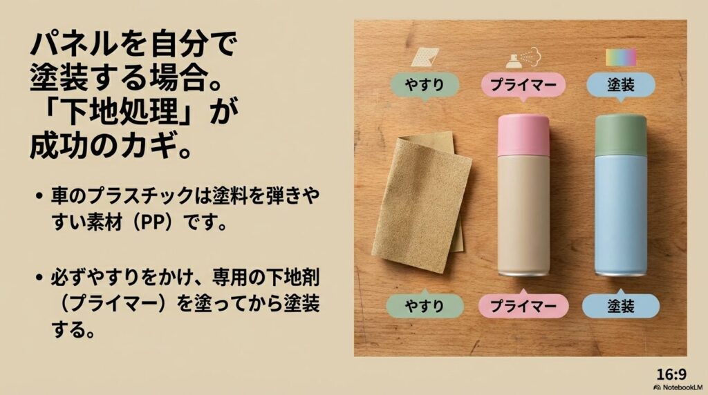 やすりがけ、プライマー（下地剤）、塗装の順番で進めるパネル塗装の成功プロセス