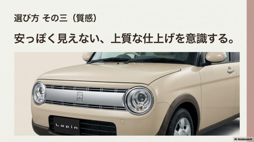ラパンLCのフロントグリルのアップ。メッキ加飾など、安っぽく見えない上質な仕上げを強調する画像