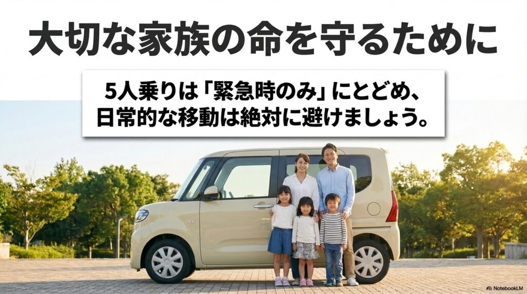5人乗りは緊急時のみにとどめ、日常的な移動は避けるよう促すメッセージスライド