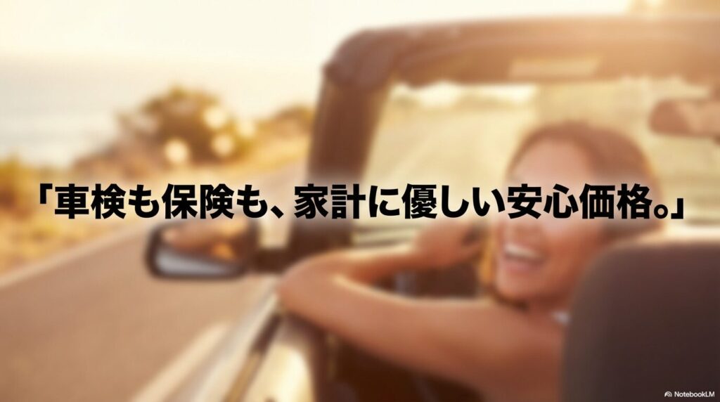 「車検も保険も、家計に優しい安心価格。」という説明のスライド画像