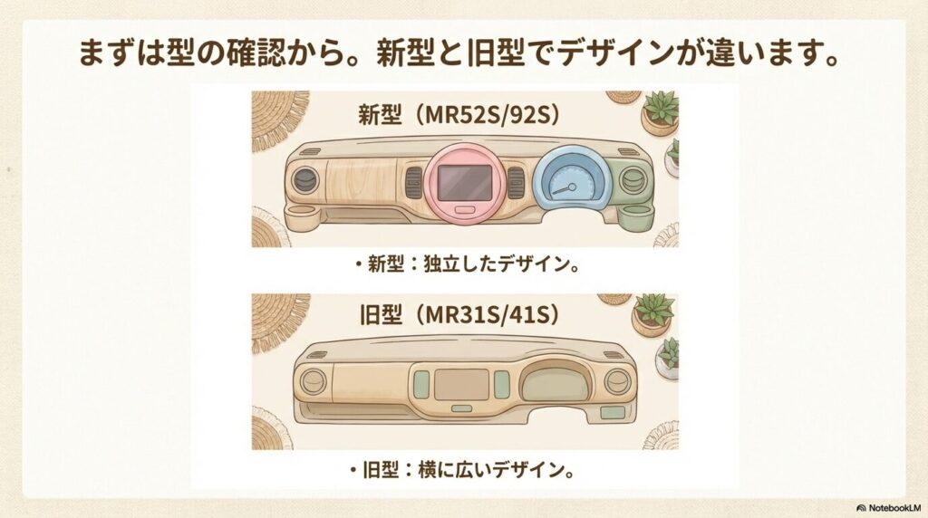 独立したデザインの新型ハスラーと横に広いデザインの旧型ハスラーの内装比較図