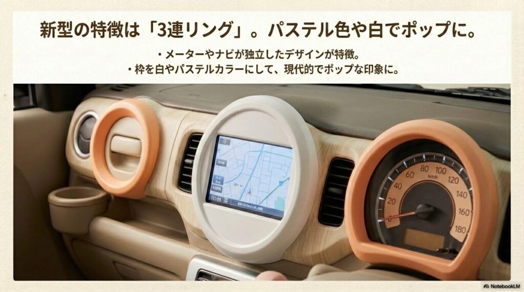 新型ハスラーの特徴である3連リングインパネをパステルカラーでポップにした図