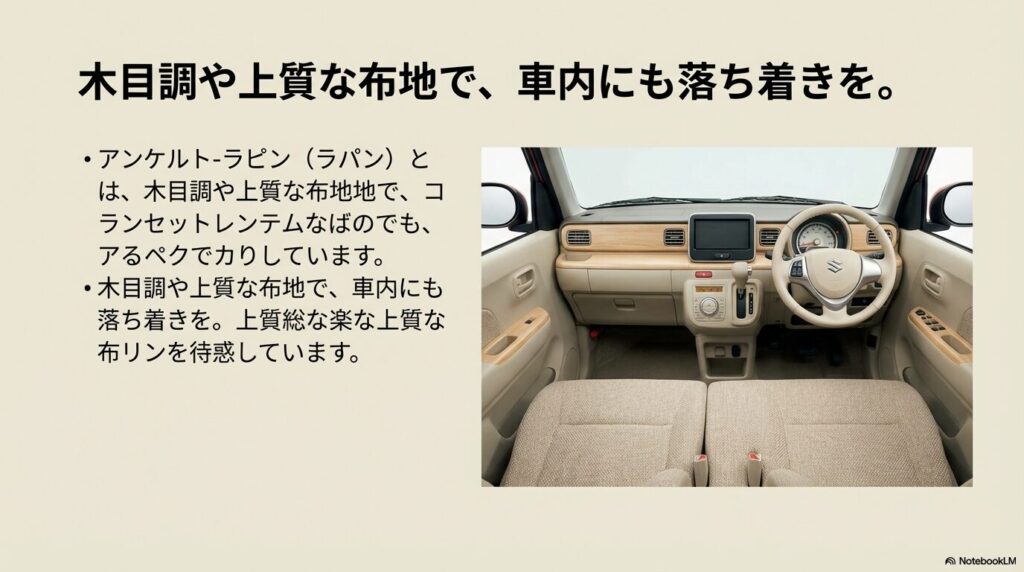 木目調のインパネと上質なファブリックシートを採用したラパンの内装。落ち着いた車内空間をアピールする画像。