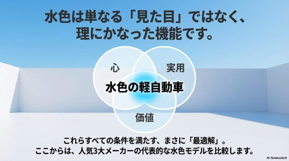 水色は見た目だけでなく、心・実用・価値のすべてを満たす「最適解」であることを示すまとめの図解。