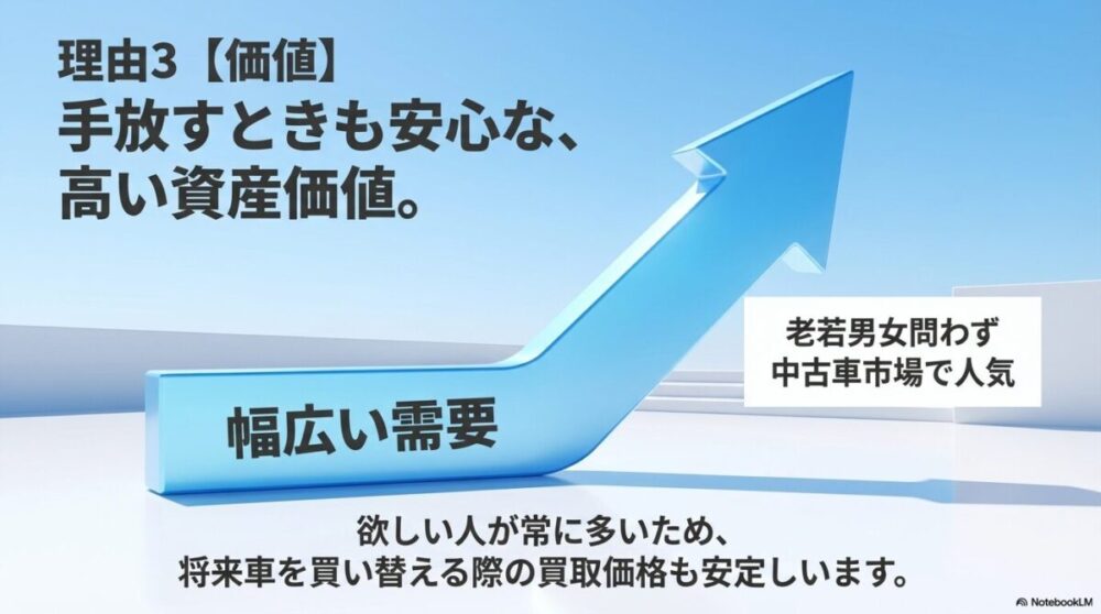 水色の軽自動車は老若男女問わず需要があり、中古車市場で人気が高いため、将来の買取価格も安定していることを説明する資料。