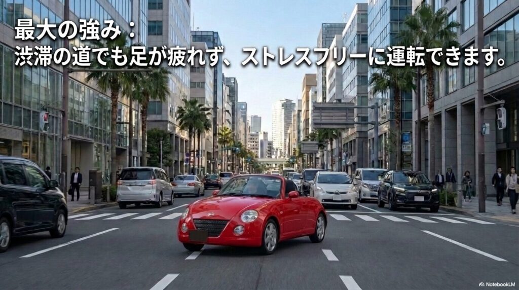 渋滞時の運転でも足が疲れにくくストレスフリーに運転できるオートマ車の強みを紹介する画像
