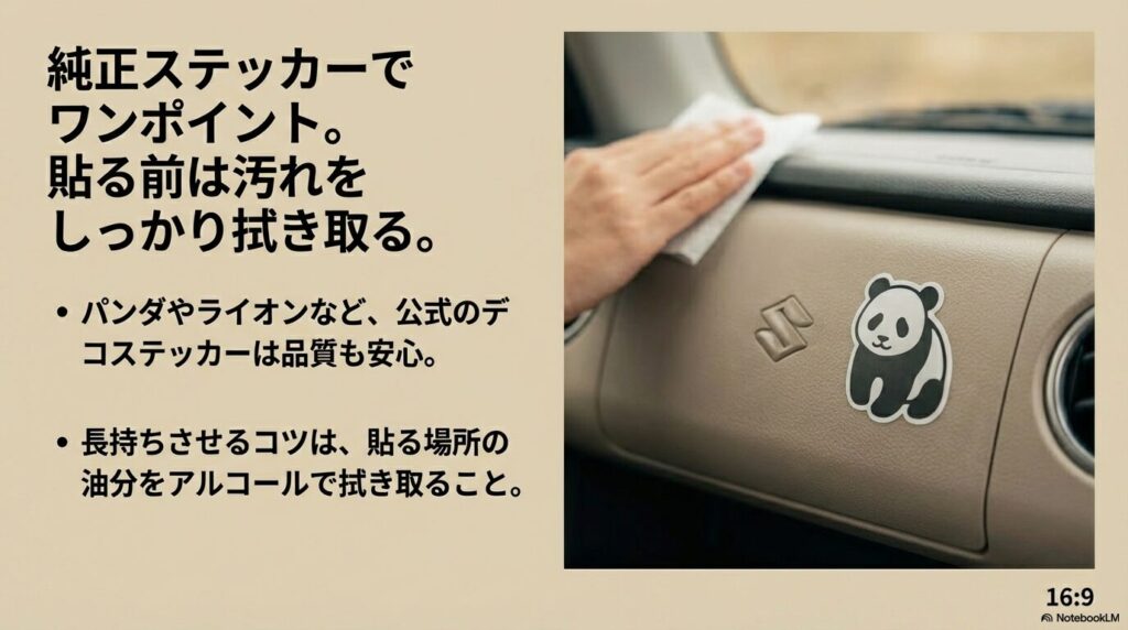 公式デコステッカーを貼る前にアルコールで油分を拭き取るメンテナンスの重要性