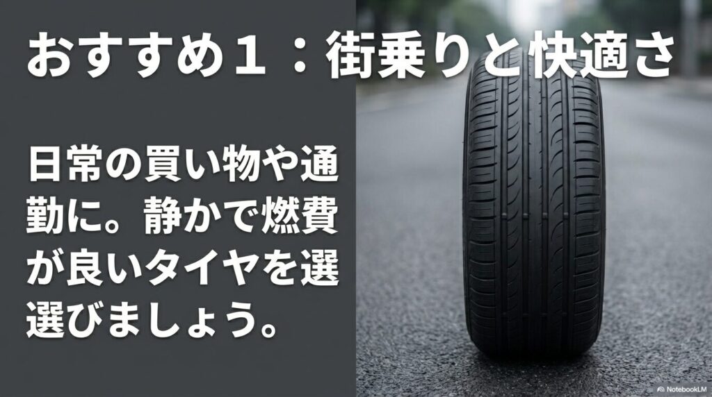 日常の買い物や通勤に適した静かで燃費の良いタイヤ選びを推奨する資料
