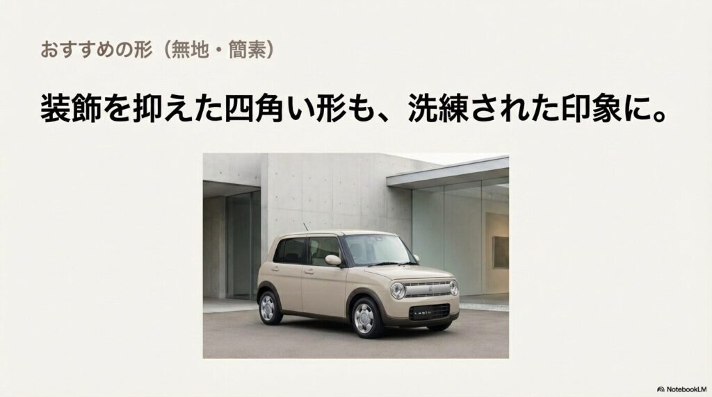 モダンなコンクリート建築の前に停まるアイボリーのラパン。装飾を抑えた四角い形が洗練された印象を与えることを示す画像。