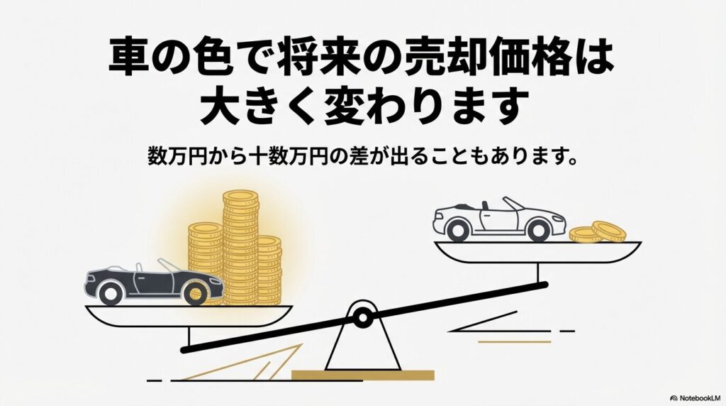天秤の片方に黒い車と大量のコイン、もう片方に白い車と少量のコインが載っている、色の違いによる価値の差を表現したイラスト