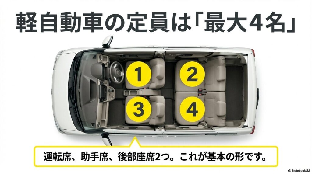 軽自動車の座席配置図。運転席、助手席、後部座席2つの合計4名が定員であることを示すイラスト 。