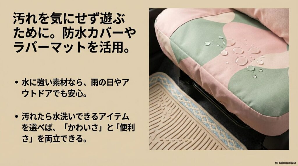 水を弾く防水シートカバーと汚れに強いラバーマットによる可愛さと便利さの両立