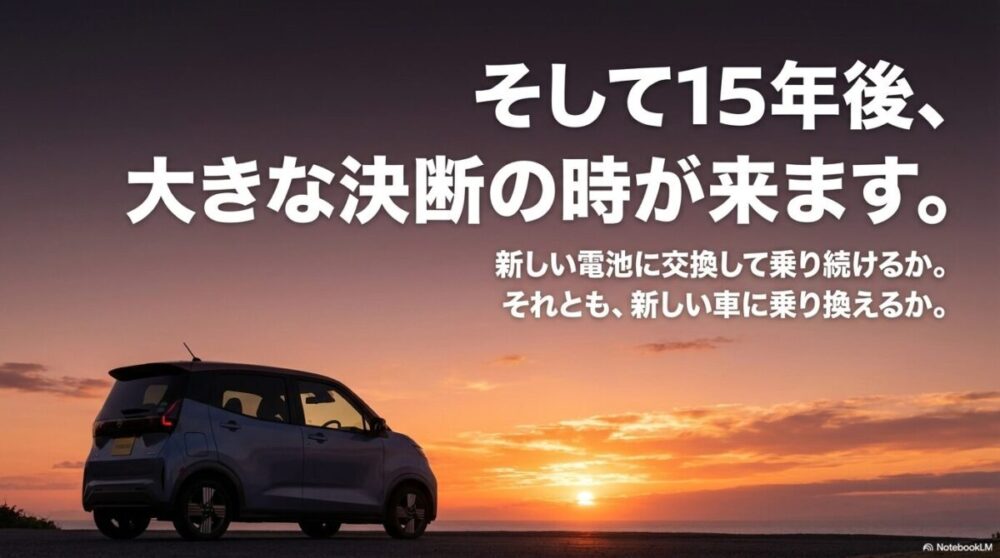 15年後に新しい電池に交換するか乗り換えるかの決断の時が来ることを示すスライド。
