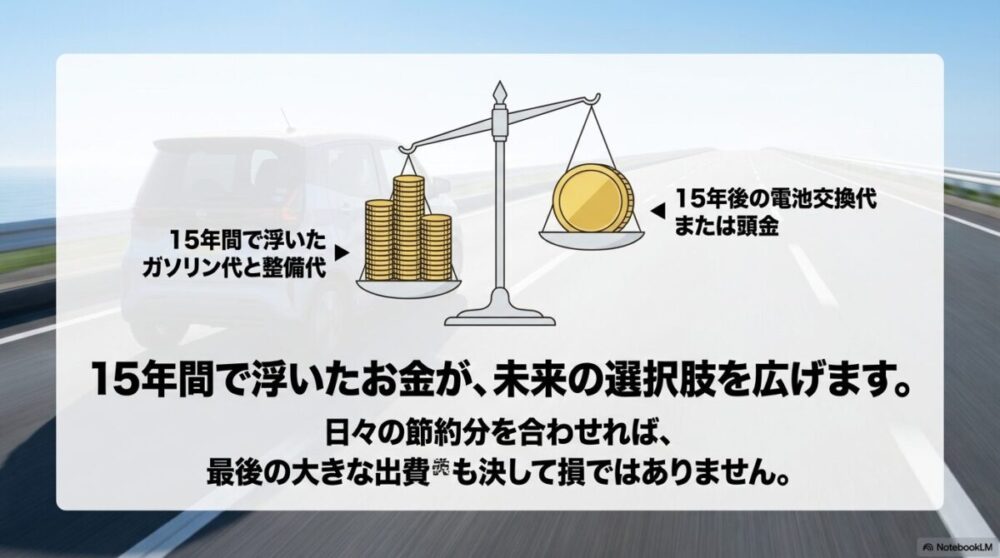 15年間で浮いたガソリン代・整備代が、将来の電池交換代や新車の頭金になることを示す天秤のイラストスライド。