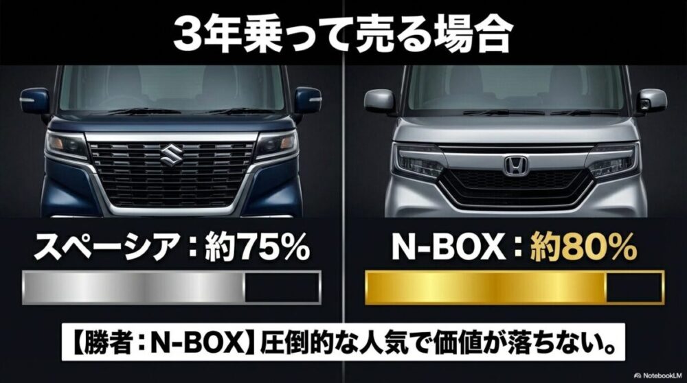 3年乗って売る場合の残価率。スペーシア約75%に対しN-BOXは約80%で勝者となることを示すグラフ