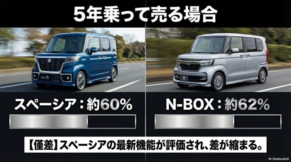 5年乗って売る場合の残価率。スペーシア約60%、N-BOX約62%で機能評価により差が縮まることを示すスライド