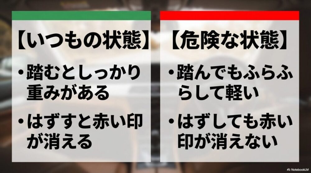 ペダルの重みや警告灯の消灯状況から判断する、サイドブレーキの正常な状態と危険な状態の比較表