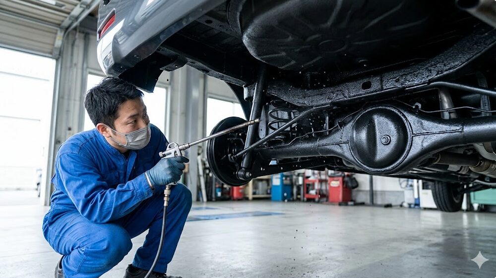 後輪のちょうど真ん中あたりに、丸っこい鉄の塊(デフケース)があるのがわかるスライド