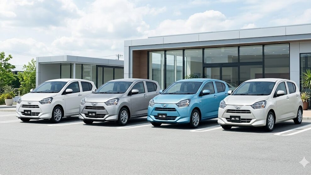 2026年最新のミライース人気色ランキングトップ4（ホワイト、ブライトシルバーメタリック、スカイブルーメタリック、シャイニングホワイトパール）の車が並んだ屋外駐車場。