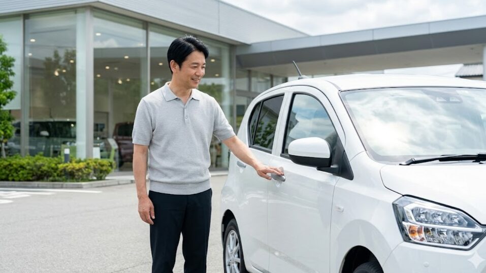 ダイハツの販売店屋外で、白いミライースを見つめて色を検討する日本人男性。後悔しない色選びの重要性を表現。