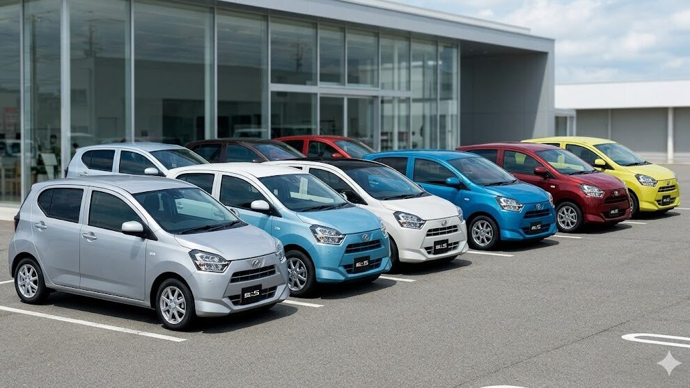 ダイハツの販売店屋外駐車場に並ぶ、現行型ミライース全9色のボディカラーラインナップ。スカイブルー、パールホワイト、レッド、ブラウンなどが揃う。