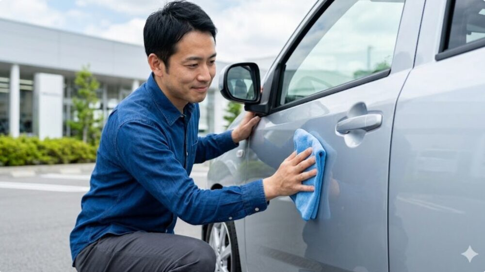 洗車の手間が少ないブライトシルバーメタリックのミライースを、屋外駐車場でマイクロファイバークロスで拭き上げる日本人男性。汚れが目立ちにくい特徴を表現