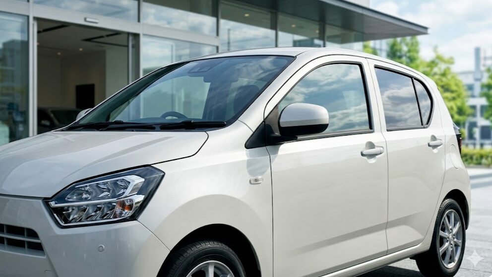 高級感のある有料色「シャイニングホワイトパール」のミライースを、モダンな販売店屋外駐車場で撮影。光沢のある塗装が車の格を上げる。