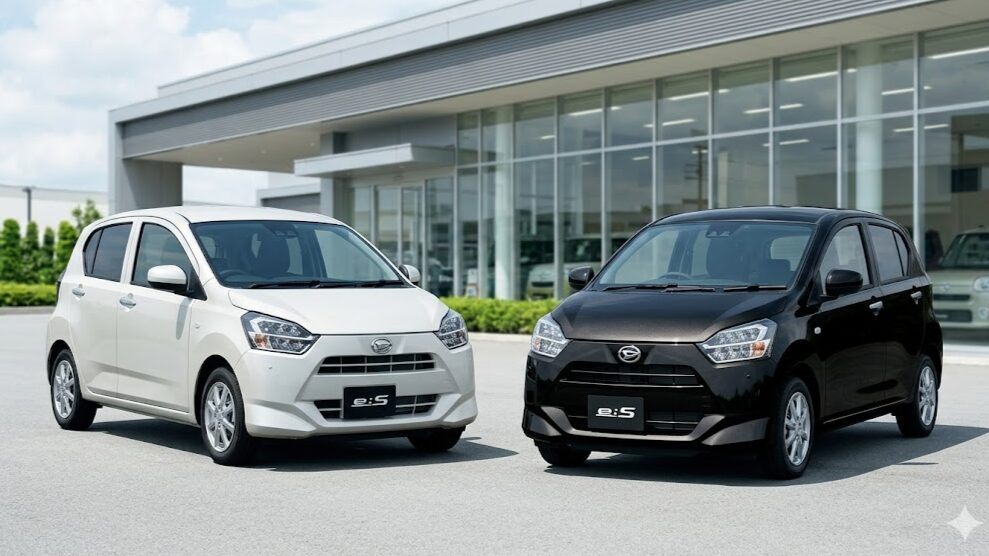 ダイハツの販売店屋外駐車場に並ぶ、リセールバリューが高いシャイニングホワイトパールとブラックマイカメタリックのミライース。資産価値を考慮した色選びを表現。